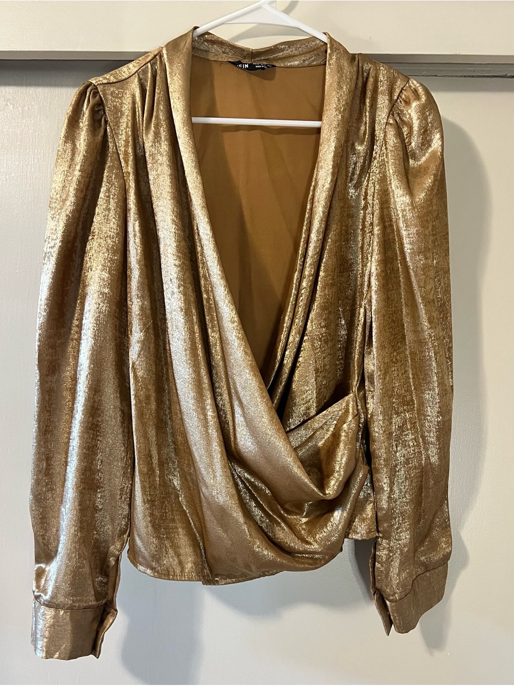 SHEIN Metallic Gold Draped Front Blouse Top Size XL